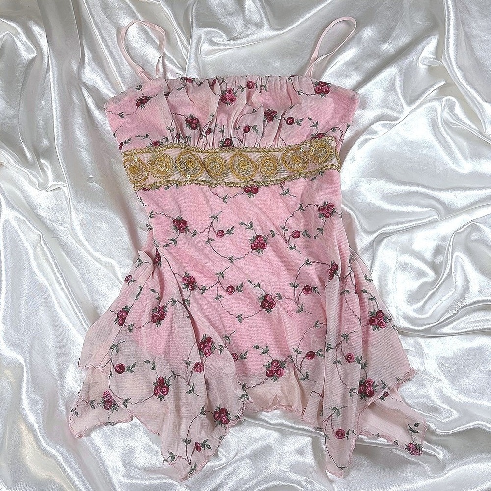 y2k Cami Top Pink Excellent Floral Mesh Sequin Gold Trim Finesse Handkerchief